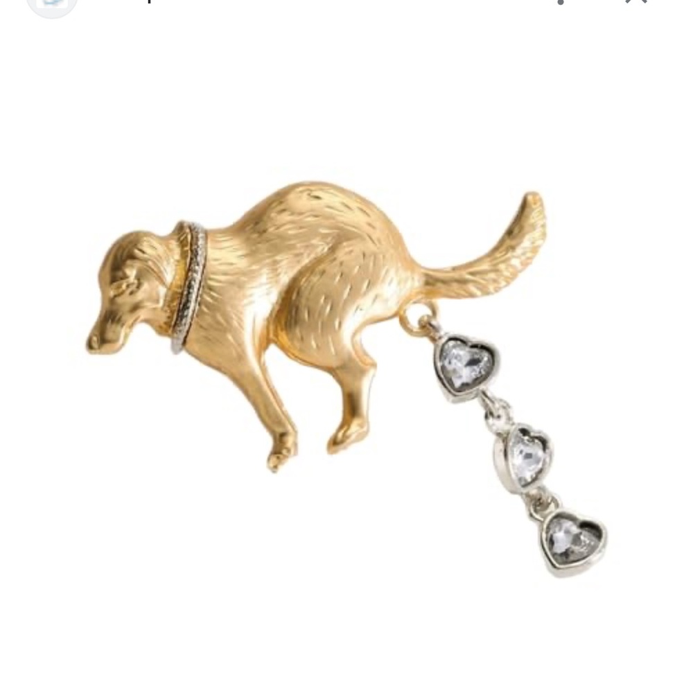 Dog Drama Brooch: Gold Pooping Dog Pin - Zircon Accent - Picture 8 of 10
